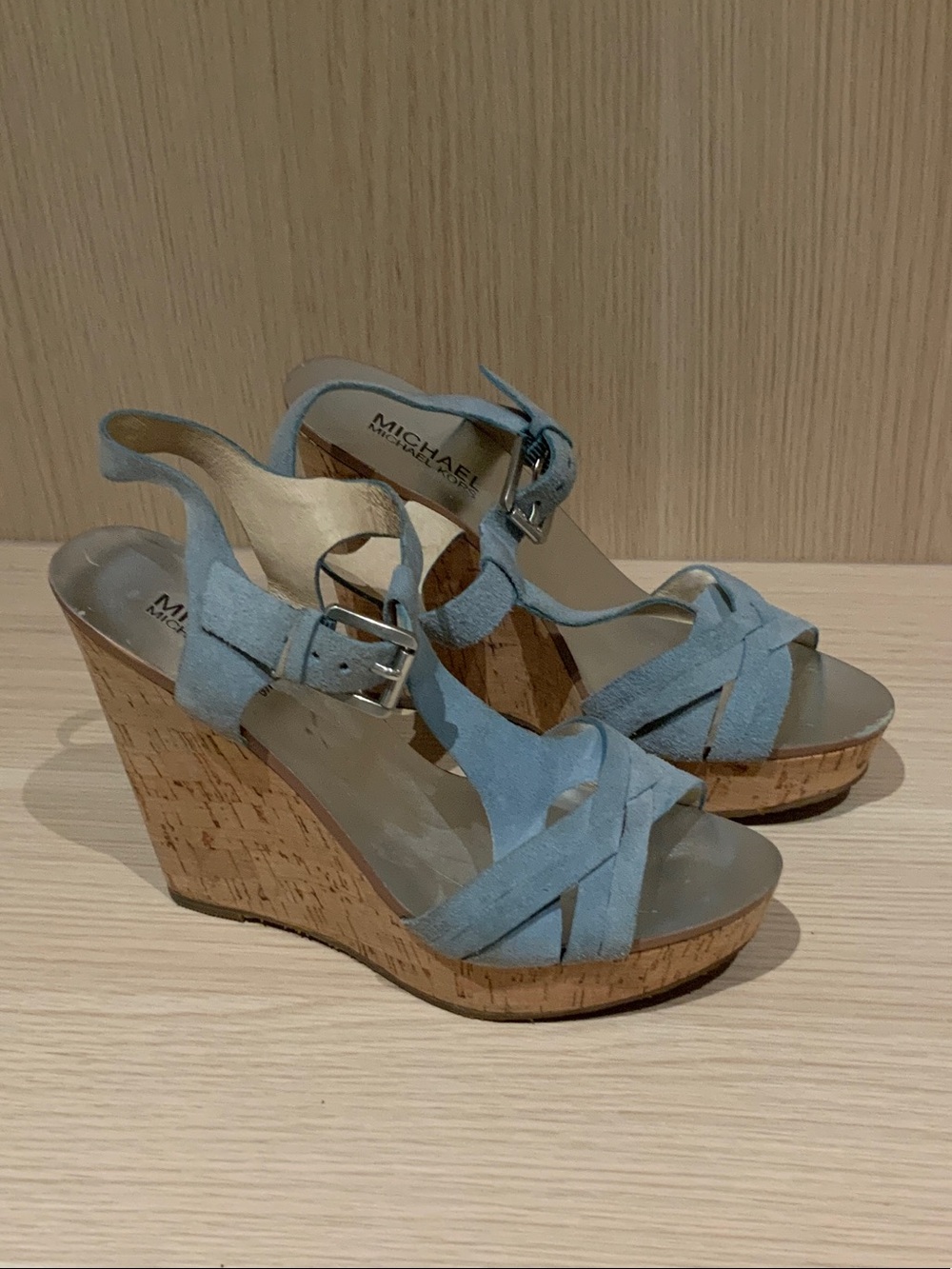 MICHAEL Michael Kors Light Blue Suede Cork Wedge Sandals - Picture 3 of 6